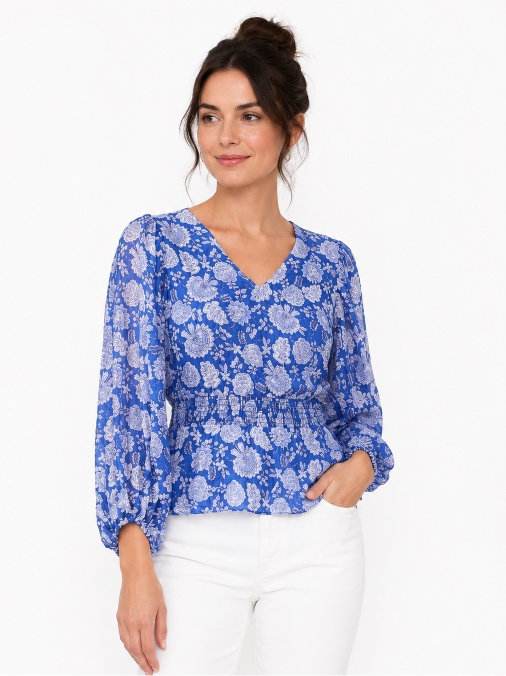 Vince Camuto V-Neck Peplum Top Blue and White Floral Blouse Top Size Small